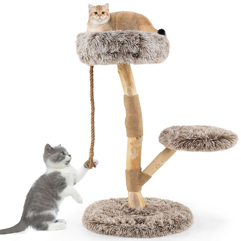 Modern Wooden Cat Tree Tower, Perch and Natural Jute Scratching Posts - Brown