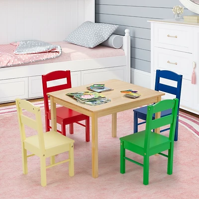 5-Piece Kids Pine Wood Multicolor Table Chair Set - Multicolor