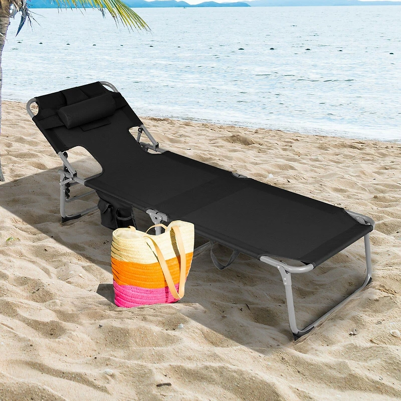 Folding Beach Lounge Chair, Pillow for Outdoor