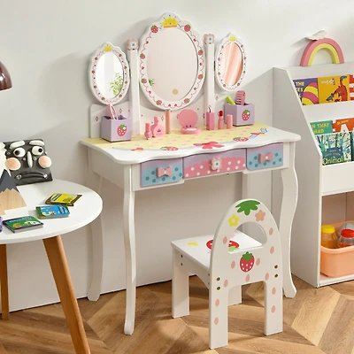 Kids Vanity Princess Makeup Dressing Table Chair Set, Tri-fold Mirror - White