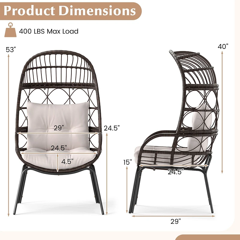 Patio Wicker Egg Chair Outdoor Rattan Lounge Basket, Seat and Back Cushions - Brown