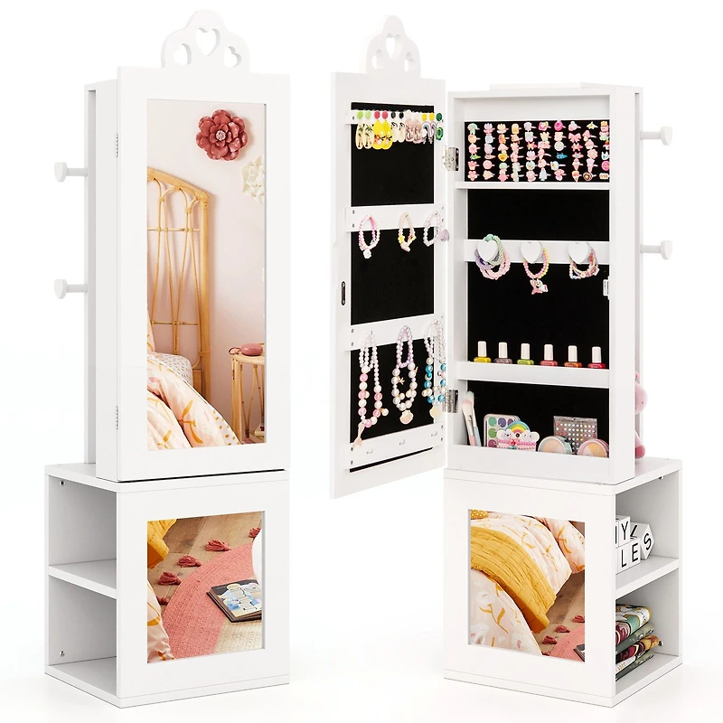 3-in-1 Freestanding Kids Jewelry Cabinet Armoire, Full Length Mirror - White