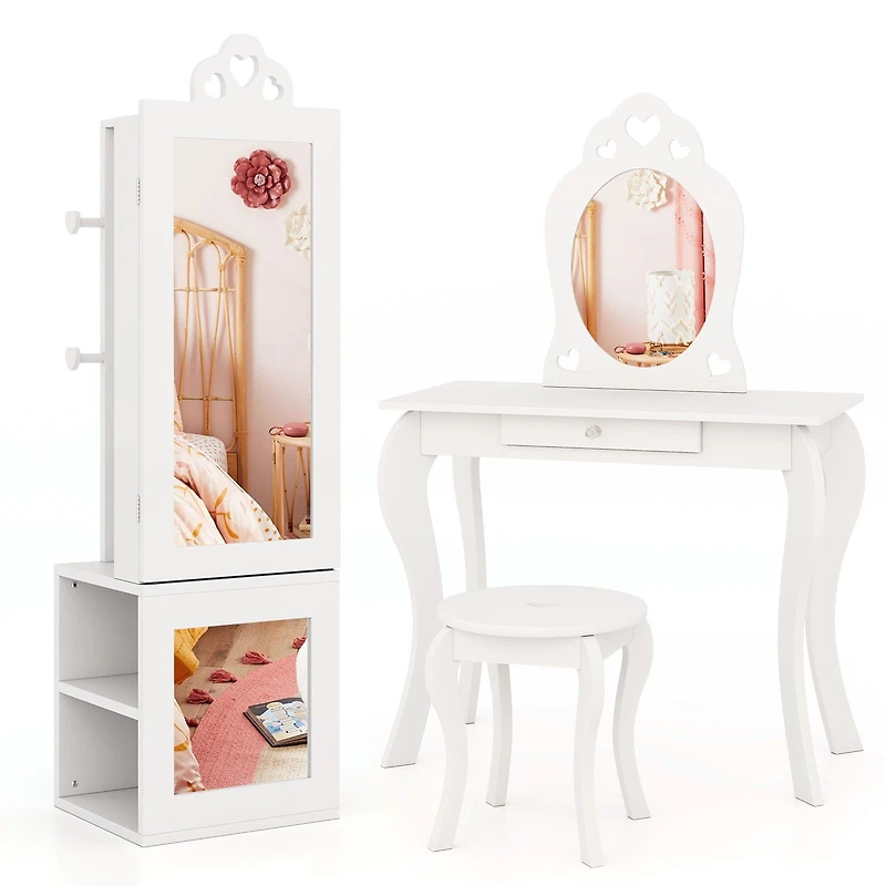 3-in-1 Freestanding Kids Jewelry Cabinet Armoire, Full Length Mirror - White