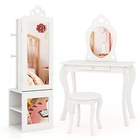 3-in-1 Freestanding Kids Jewelry Cabinet Armoire, Full Length Mirror - White