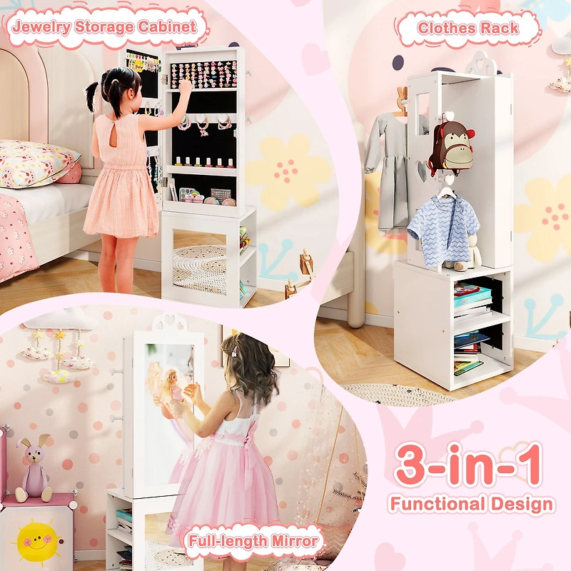 Armoire à bijoux 3-en-1 pour enfants, sur pied, miroir en pied - Blanc