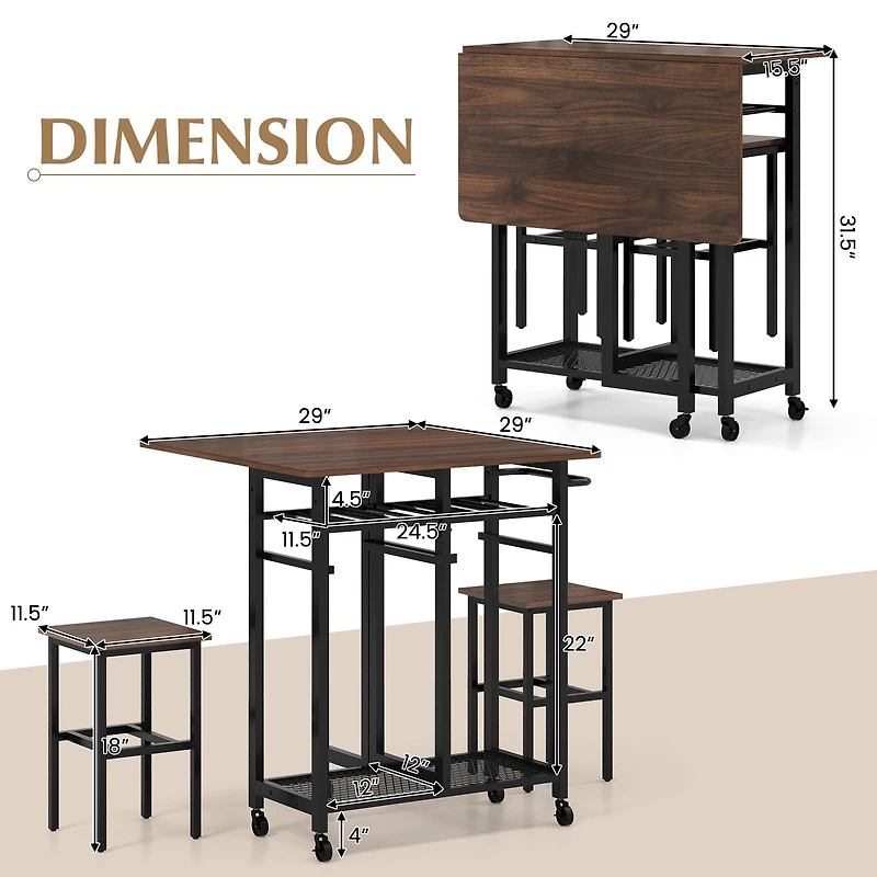 Dining Table Set with 6-Bottle Wine Rack, Set of 3