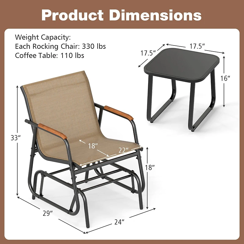 3-Piece Outdoor Glider Bistro Set, Tempered Glass Top and Metal Frame - Coffee
