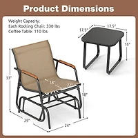 3-Piece Outdoor Glider Bistro Set, Tempered Glass Top and Metal Frame - Coffee