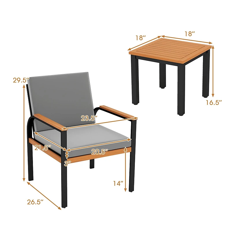 3 Piece Patio Furniture Set Outdoor Conversation Set, Coffee Table - Grey