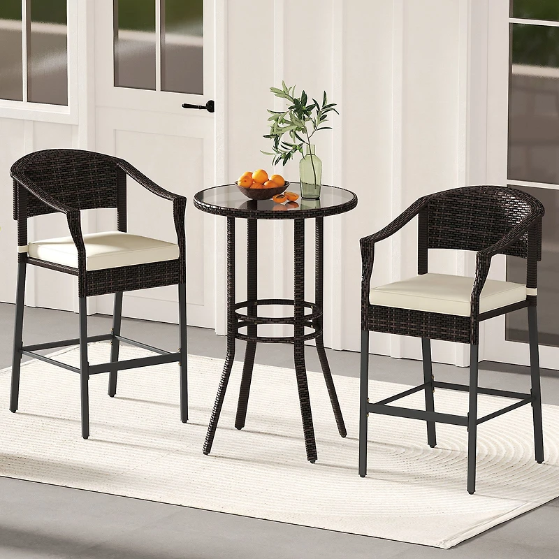 3-Piece Patio Rattan Bar Set, Tempered Glass Top for Backyard Poolside - Brown