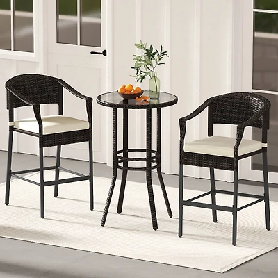 3-Piece Patio Rattan Bar Set, Tempered Glass Top for Backyard Poolside - Brown