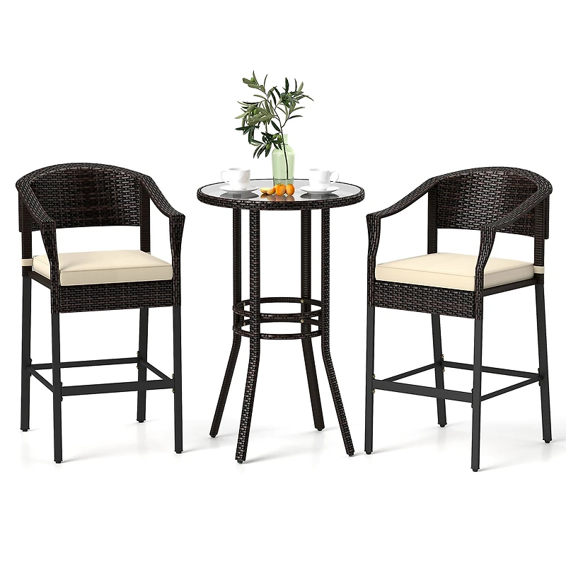 3-Piece Patio Rattan Bar Set, Tempered Glass Top for Backyard Poolside - Brown