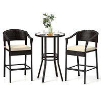 3-Piece Patio Rattan Bar Set, Tempered Glass Top for Backyard Poolside - Brown