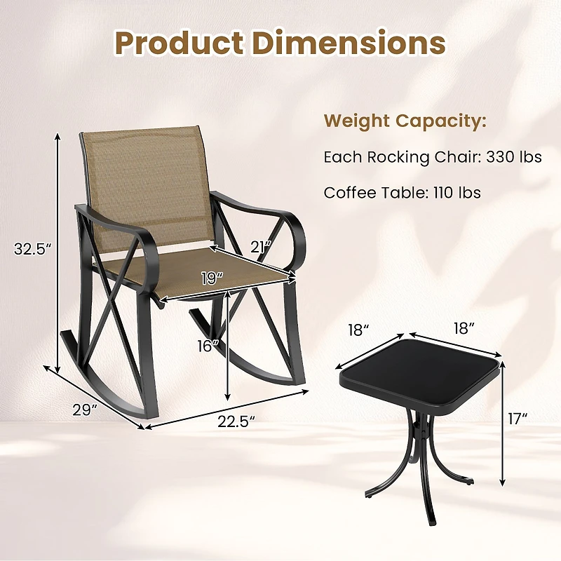3 Piece Patio Rocking Set, Smooth Motion Outdoor Rocker Chair Bistro Set