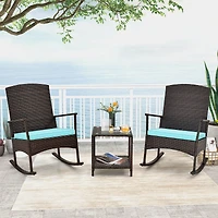 3 Piece Patio Rocking Set Wicker Rocking Chairs, 2-Tier Coffee Table - Turquoise