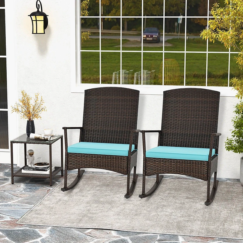 Ensemble de 3 meubles de jardin à bascule : fauteuils à bascule en osier, table basse à deux niveaux, Turquoise