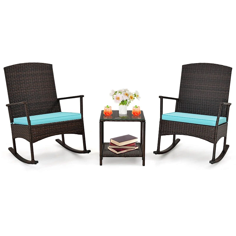 3 Piece Patio Rocking Set Wicker Rocking Chairs, 2-Tier Coffee Table - Turquoise