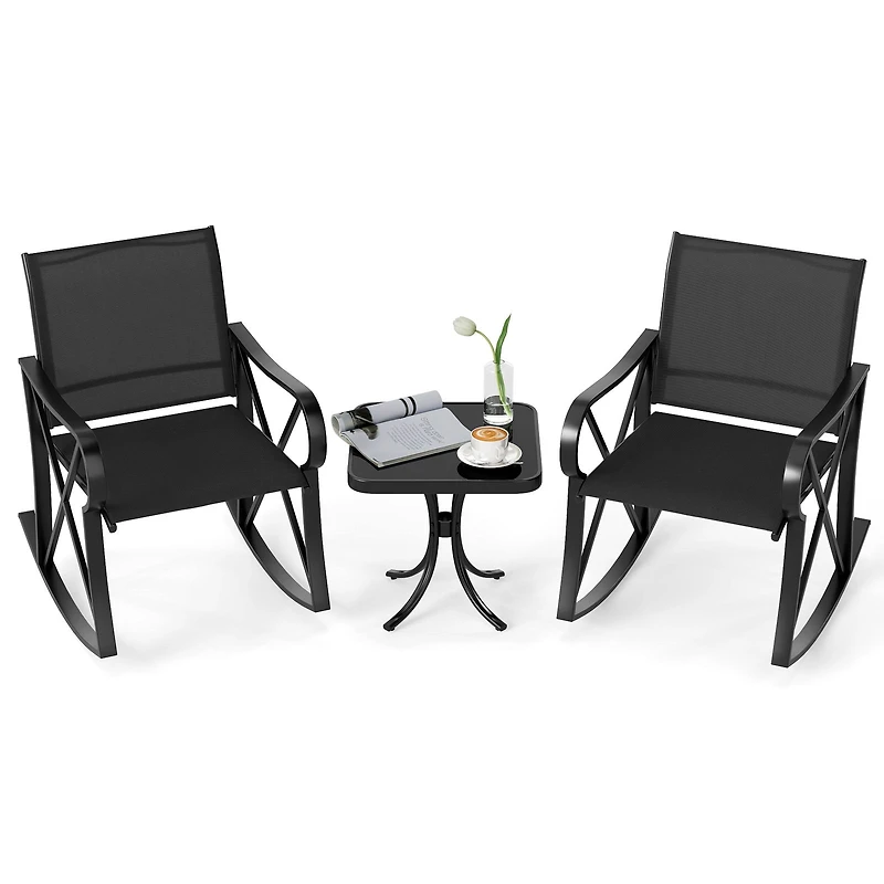 3 Piece Patio Rocking Set, Smooth Motion Outdoor Rocker Chair Bistro Set