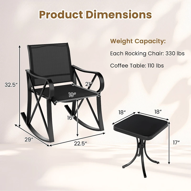 3 Piece Patio Rocking Set, Smooth Motion Outdoor Rocker Chair Bistro Set