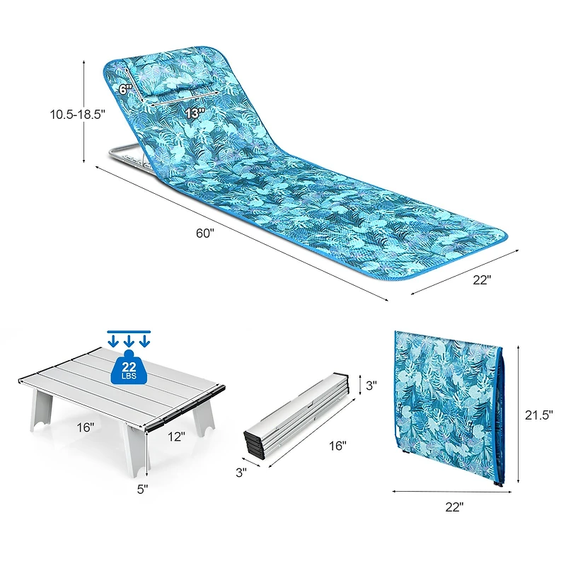3-Piece Beach Lounge Chair Mat Set 2 Adjustable Lounge Chairs, Table - Stripe
