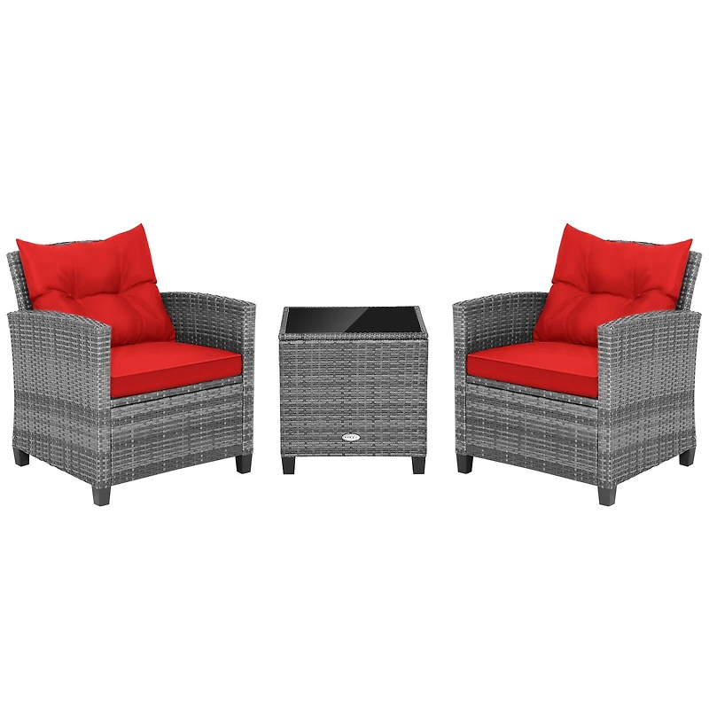 3-Piece Outdoor Wicker Conversation Set, Tempered Glass Tabletop
