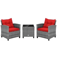 3-Piece Outdoor Wicker Conversation Set, Tempered Glass Tabletop