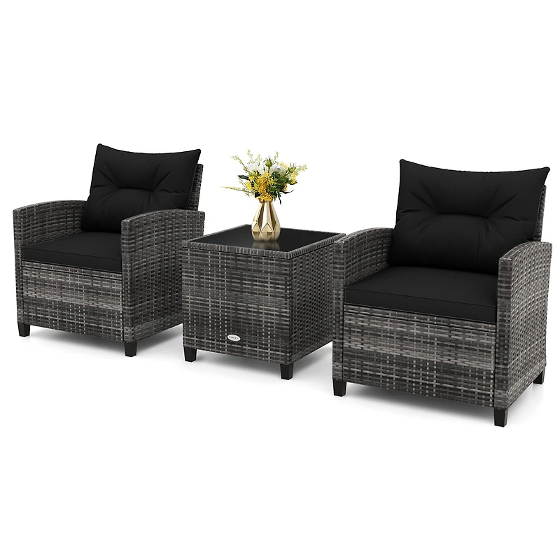 3-Piece Outdoor Wicker Conversation Set, Tempered Glass Tabletop