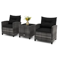 3-Piece Outdoor Wicker Conversation Set, Tempered Glass Tabletop