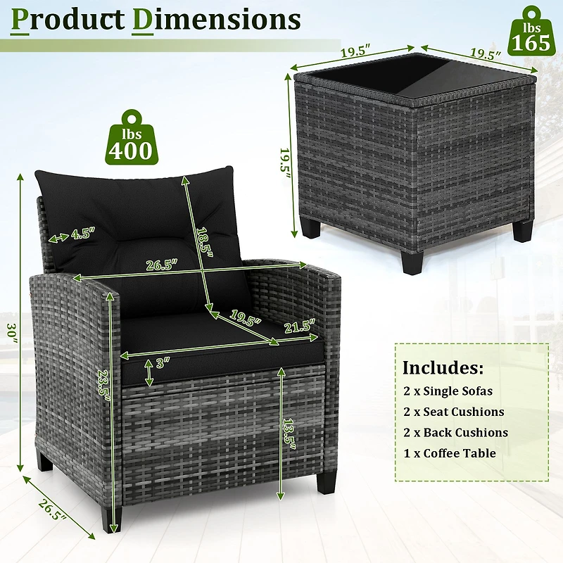 3-Piece Outdoor Wicker Conversation Set, Tempered Glass Tabletop