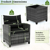 3-Piece Outdoor Wicker Conversation Set, Tempered Glass Tabletop