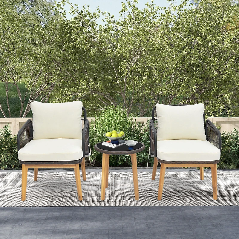 Ensemble de mobilier de jardin 3 pièces, chaises rembourrées et table d'appoint en verre trempé - Noir