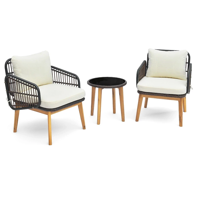 3-Piece Patio Furniture Set, Cushioned Chairs and Tempered Glass Side Table - Black