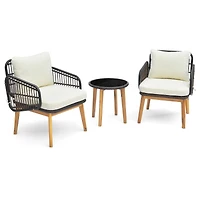 3-Piece Patio Furniture Set, Cushioned Chairs and Tempered Glass Side Table - Black