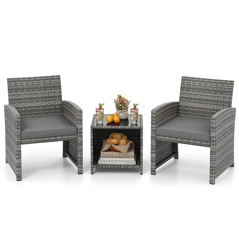 3-Piece Patio Furniture Set, Tempered Glass Coffee Table and Soft Seat Cushions