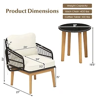 3-Piece Patio Furniture Set, Cushioned Chairs and Tempered Glass Side Table - Black