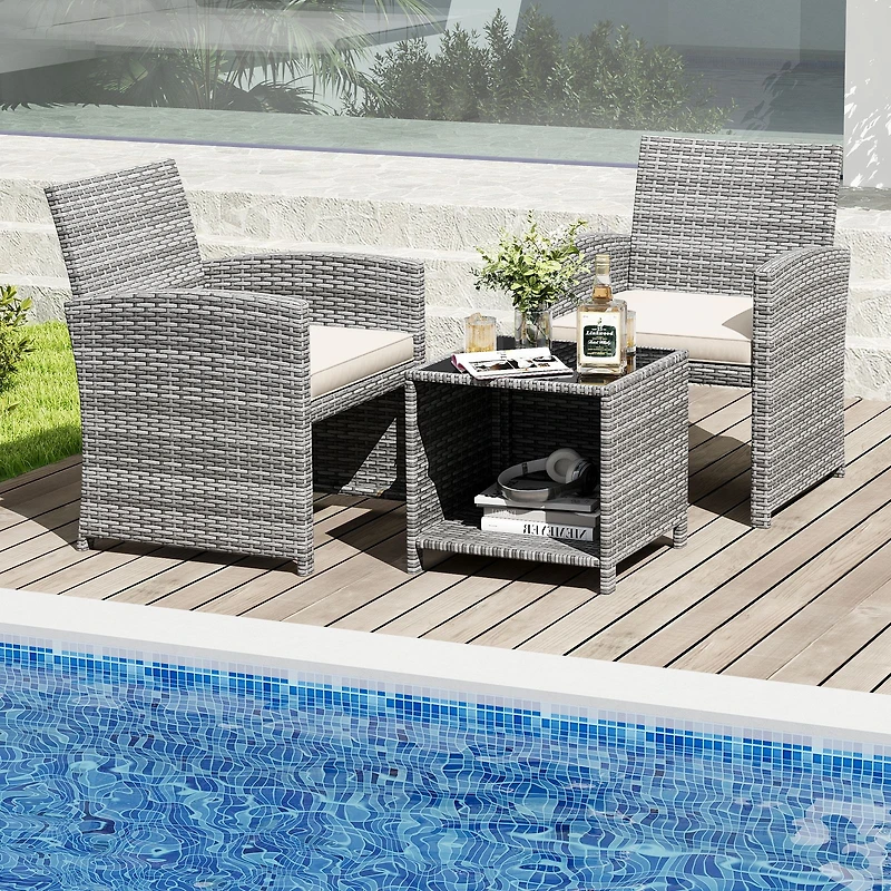 3-Piece Patio Furniture Set, Tempered Glass Coffee Table and Soft Seat Cushions