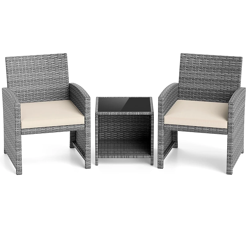3-Piece Patio Furniture Set, Tempered Glass Coffee Table and Soft Seat Cushions