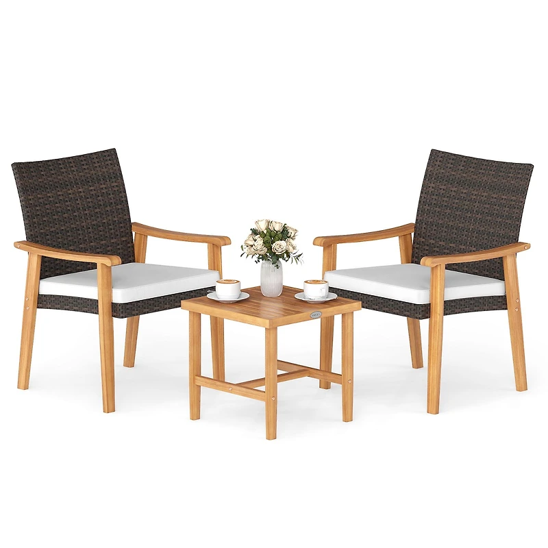 3-Piece Patio PE Wicker Furniture Set Acacia Wood Outdoor Conversation Bistro Set - White