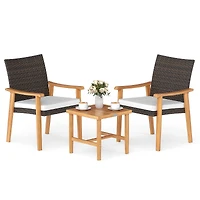 3-Piece Patio PE Wicker Furniture Set Acacia Wood Outdoor Conversation Bistro Set - White