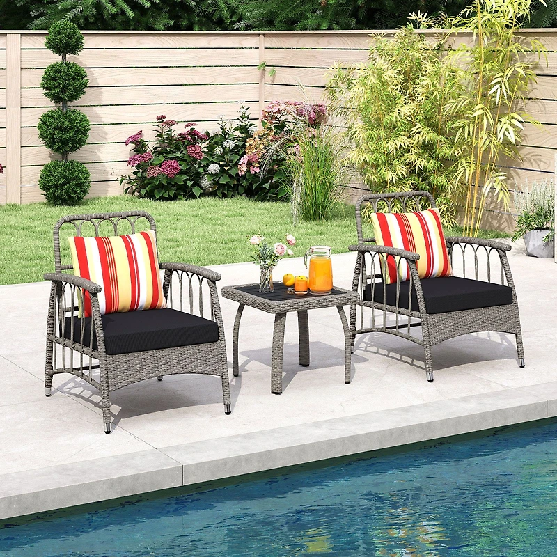 3-Piece Patio PE Wicker Furniture Set, 5-Level Adjustable Backrest - Gray
