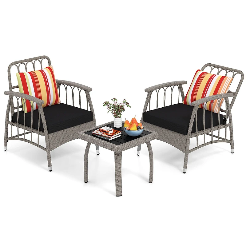3-Piece Patio PE Wicker Furniture Set, 5-Level Adjustable Backrest - Gray