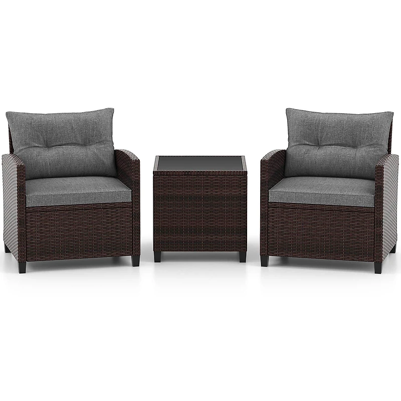 3-Piece Cushioned Rattan Patio Conversation Set, Coffee Table
