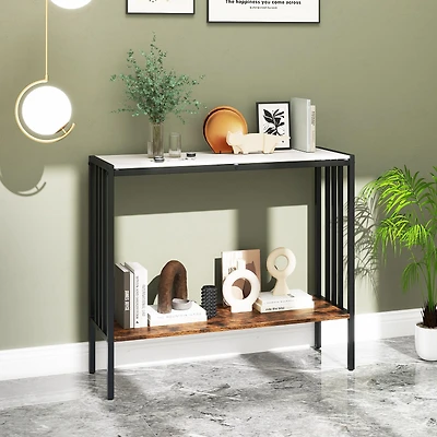 36" Console Table 2-Tier Industrial Foyer Table, Sintered Stone Tabletop