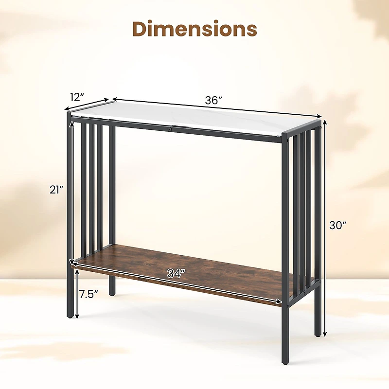 36" Console Table 2-Tier Industrial Foyer Table, Sintered Stone Tabletop