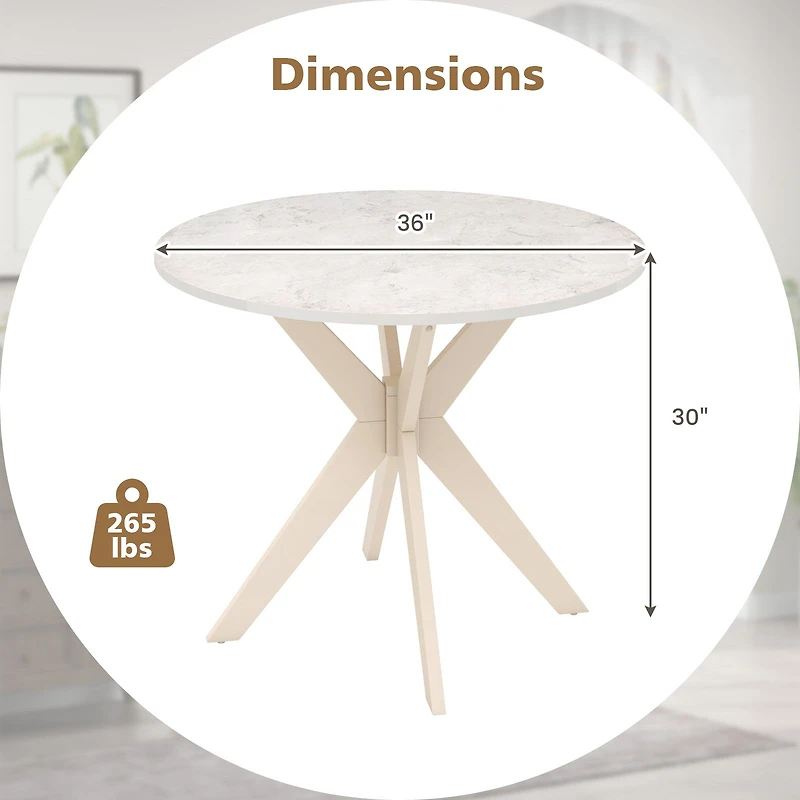36-Inch Mid Century Modern Kitchen Table, Faux Marble Tabletop and Solid Rubber Wood Legs - White