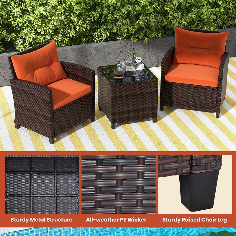 3-Piece Cushioned Rattan Patio Conversation Set, Coffee Table