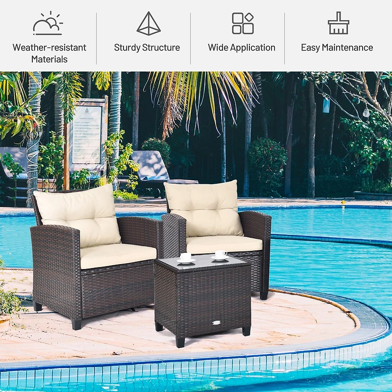 3-Piece Cushioned Rattan Patio Conversation Set, Coffee Table