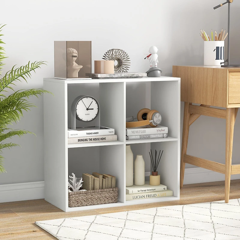 4 Cube Bookshelf, Back Guardrail for Living Room Bedroom - White