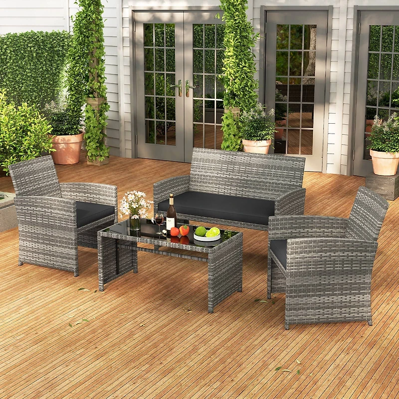 4 Piece Patio Conversation Set Rattan Chair Loveseat and Table
