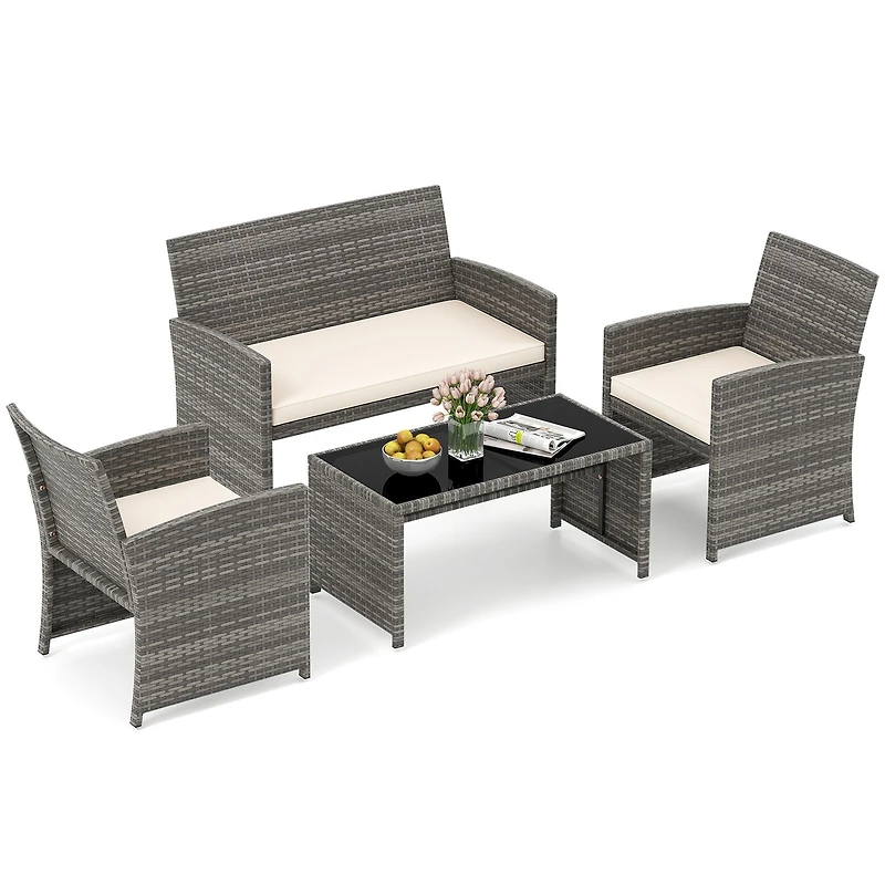 4 Piece Patio Conversation Set Rattan Chair Loveseat and Table